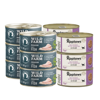 APPLAWS Caballa Con Sardina En Caldo Lata 6x70g + WILD FARM Mousse Pescado Blanco 6x80g - mousse sin cereales para gatos