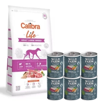 Calibra Dog Life Adulto Razas Grandes Cordero 12kg & WILD FARM Superfood Duck 6x400g alimento para perros sin cereales