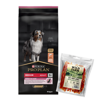 Purina Pro Plan Adulto Mediano Piel Sensible Optiderma Salmón y Arroz 14kg + golosina para perros 500g