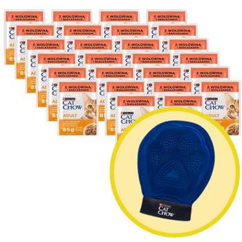 PURINA Cat Chow Alimento para gatos adultos con gelatina de ternera y berenjena 26x85g + Guante de aseo - Cat Chow