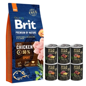 Brit Premium By Nature Sport 15kg & WILD FARM Monoprotein Mix Flavors 6x400g alimento hipoalergénico para perros