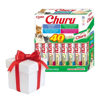 INABA Churu para gatos - mezcla de sabores con marisco 40x14g + ¡Sorpresa para el Gato GRATIS!