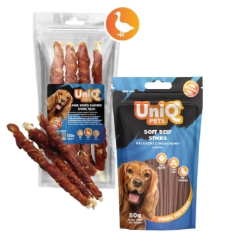 UNIQ PETS snacks para perros 320g Palito largo de piel de ternera con pato 28cm & UNIQ PETS premios para perros 80g palitos de carne