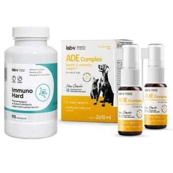 Lab-v ADE Complex – Complejo de vitaminas A, D y E en forma de spray para perros y gatos 2 x 10 ml y LAB-V Immuno Hard – Fortalecimiento de la inmunidad para perros y gatos 90 cápsulas