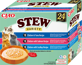 INABA Cat Ciao Stew - alimento complementario para gatos con sabor a pollo, atún, salmón y vieiras 24x40g