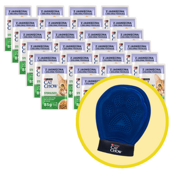 CAT CHOW Comida esterilizada para gatos con cordero y judías verdes en salsa 26x85g + Guante de aseo - Cat Chow