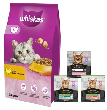 WHISKAS Comida Seca para Gatos 1+ con Pollo 14kg + comida para gatos 400g ¡GRATIS! (sabor aleatorio)
