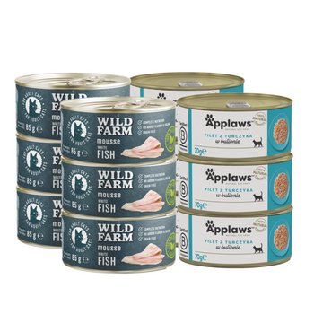 APPLAWS Filete de Atún en Caldo 6x70g + WILD FARM Mousse Pescado Blanco 6x80g - mousse sin cereales para gatos