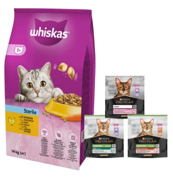 WHISKAS Comida Seca para Gatos 1+ Estéril con Pollo 14kg + comida para gatos 400g ¡GRATIS! (sabor aleatorio)