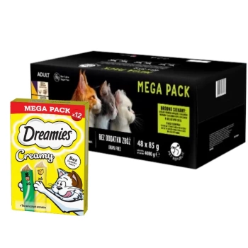 PetRepublic comida húmeda para gatos trozos en salsa delicada MIX sabores carne 48x85g & DREAMIES Cremoso con queso y hierba gatera 12x10g