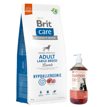 BRIT CARE Perro Hipoalergénico Adulto Raza Grande Cordero 12kg & Aceite de salmón Lab-V 1000 ml