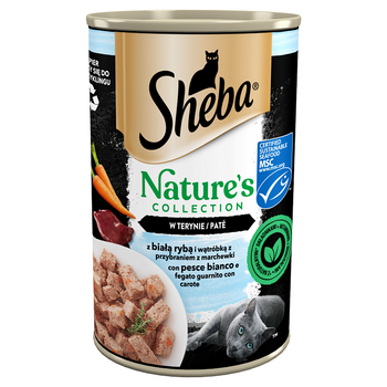 SHEBA lata 400 g Nature's Collection - alimento húmedo completo para gatos adultos, con pescado blanco e hígado con guarnición de zanahoria, en tarrina