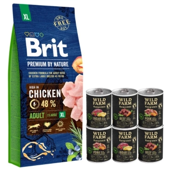 Brit Premium By Nature Adulto XL con Pollo 15kg & WILD FARM Monoprotein Mix Flavors 6x400g alimento hipoalergénico para perros