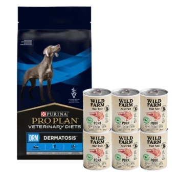 PURINA Pro Plan Veterinary Diets DRM Dermatosis 12kg & WILD FARM Paté de cerdo 6x400g alimento sin gluten para perros